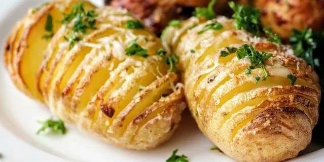 Abanico de patatas con ajo y dos tipos de queso (Patatas con mantequilla de ajo Hasselback)